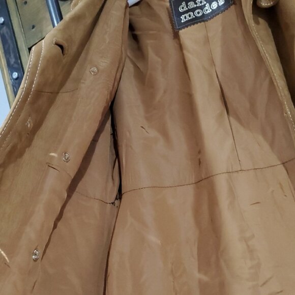 Vintage Tan Caramel Suede Leather Lined Trench Coat 70s 80s Dan Di Modes W Belt - Picture 11 of 16